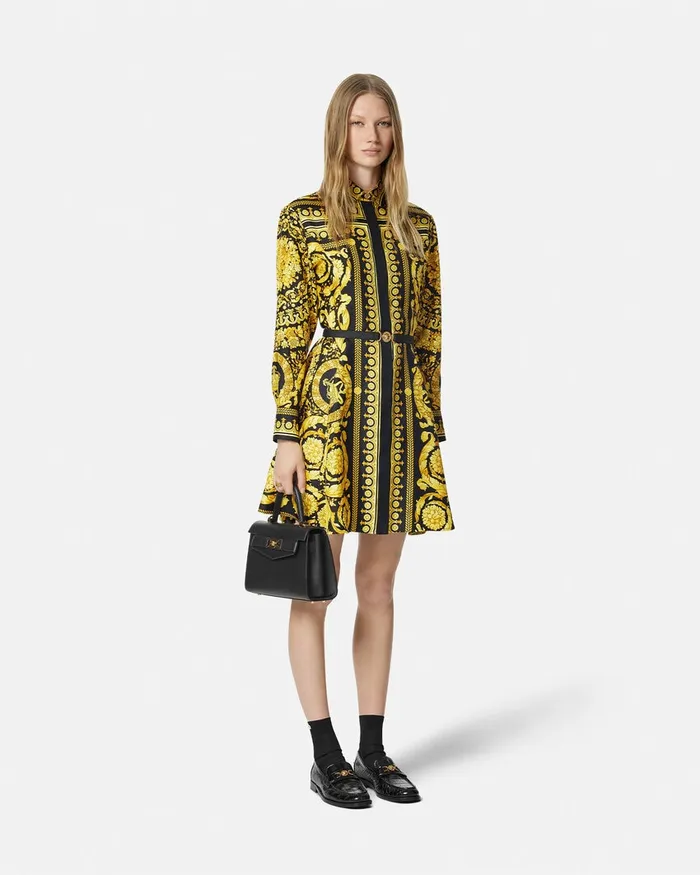 Dresses Women Versace Barocco Silk Shirt Mini Dress Blackprint