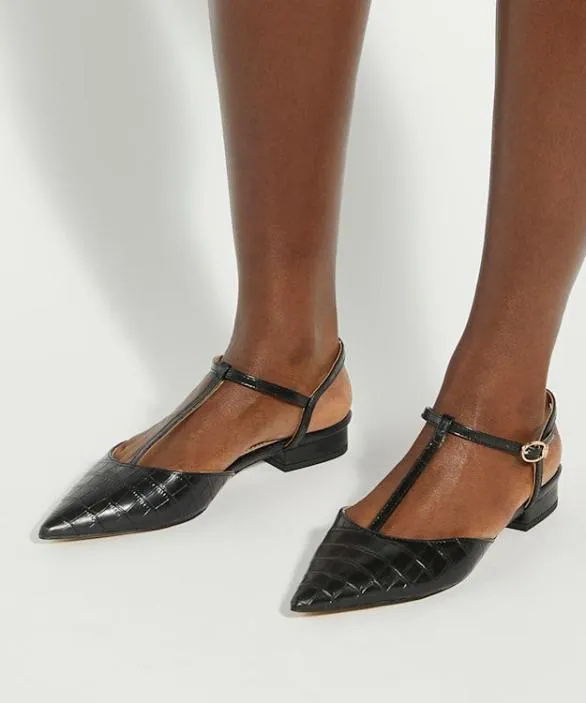 Dune London Ballet Pumps Women Harler Black Pointed Toe TBar Flats Black