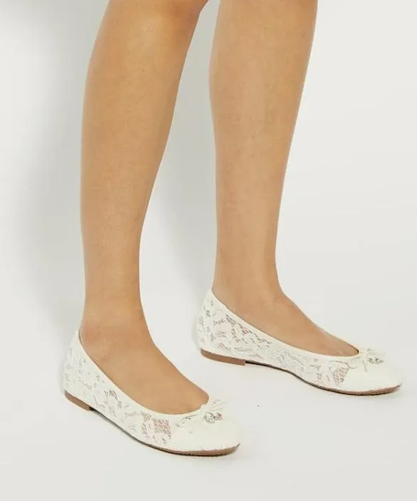 Dune London Ballet Pumps Women Heartstring Ivory Lace Wedding Ballet Pumps White