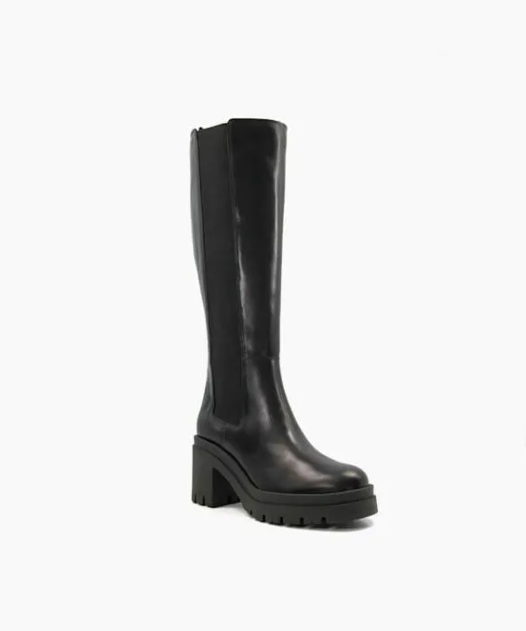 Dune London Black Boots Women Time Black Leather Block Heel KneeHigh Boots Black