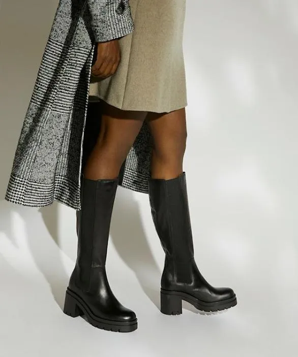 Dune London Black Boots Women Time Black Leather Block Heel KneeHigh Boots Black