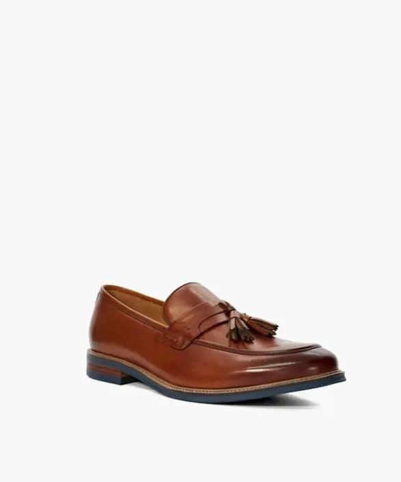 Dune London Brown Shoes Men Simley Tan Leather Contrast Sole Tassel Loafers Brown