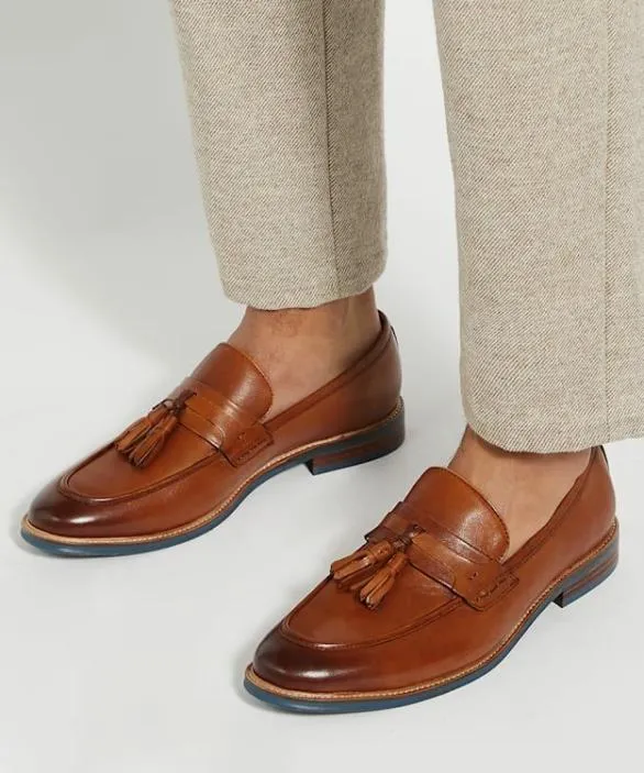 Dune London Brown Shoes Men Simley Tan Leather Contrast Sole Tassel Loafers Brown