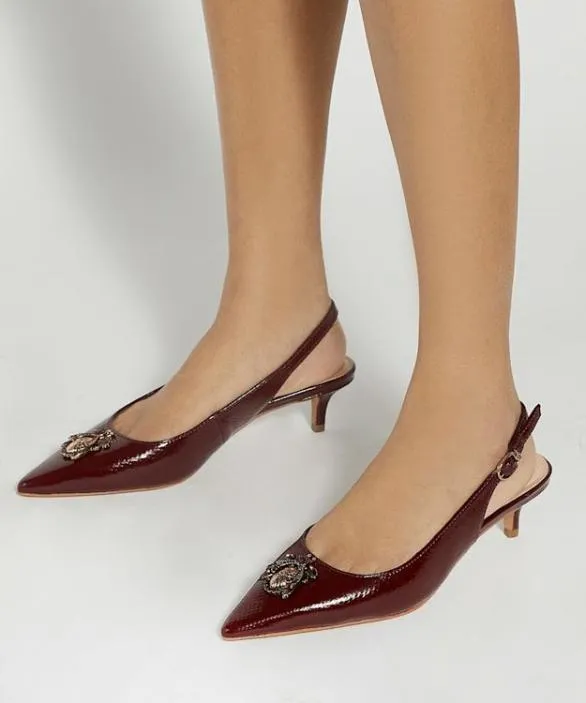 Dune London Court Shoes Women Context Burgundy Dune Bug Embellished Kitten Heels Red
