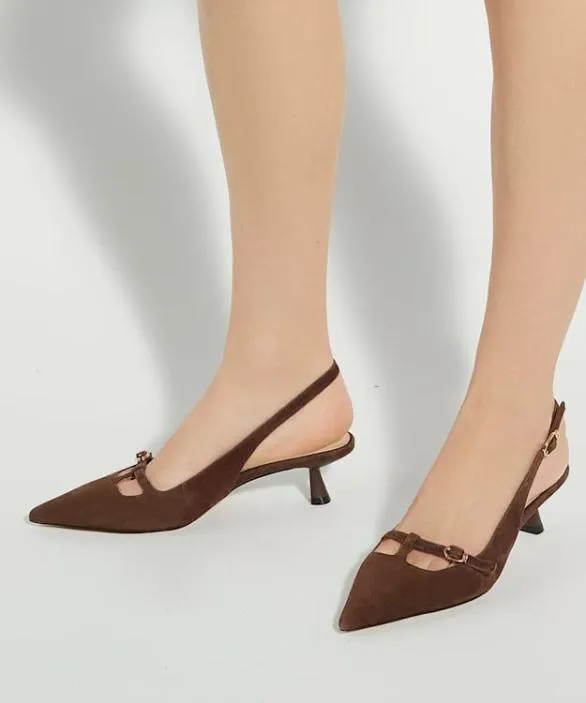Dune London Court Shoes Women Deserving Brown Pointed Toe Slingback Kitten Heels Brown
