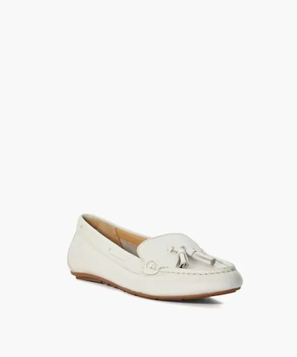 Dune London Loafers Women Gilliee White Leather Tassel Trim Driver Moccasins White
