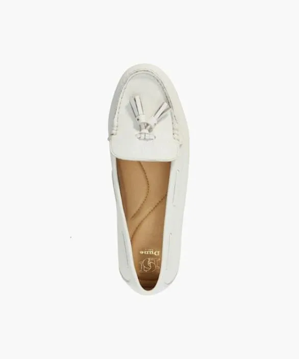 Dune London Loafers Women Gilliee White Leather Tassel Trim Driver Moccasins White