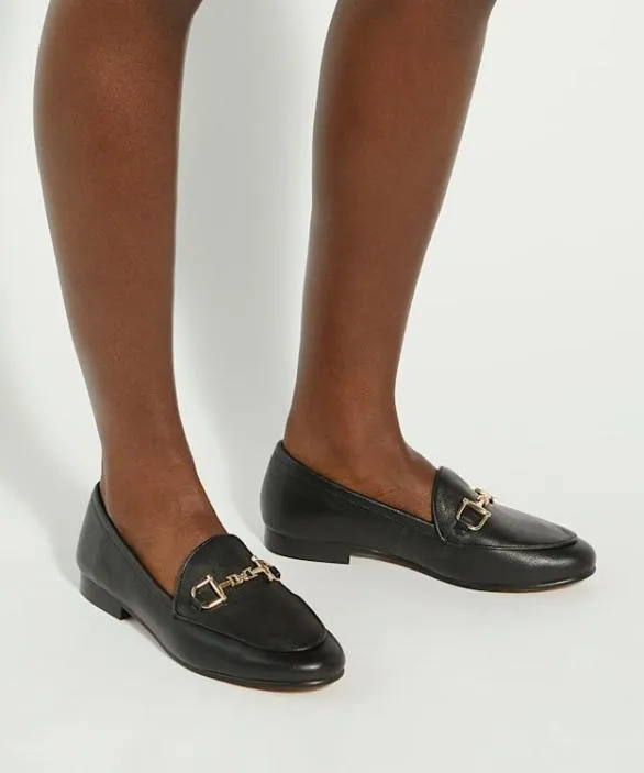 Dune London Loafers Women Glair Black Leather Snaffle Trim Shoes Black