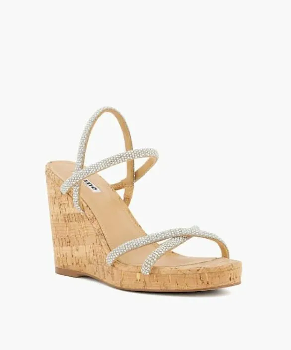 Dune London Wedge Sandals Women Kali Silver Diamante CorkWedge Slingback Sandals Metallic