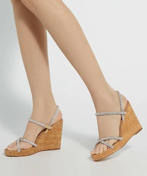 Dune London Wedge Sandals Women Kali Silver Diamante CorkWedge Slingback Sandals Metallic