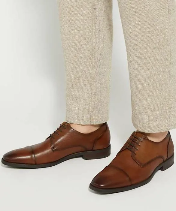 Dune London Wide Fit Shoes Men Suffix Dark Tan Wide Fit Leather Derby Brown