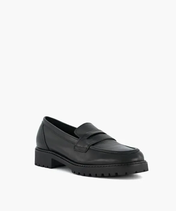 Dune London Wide Fit Shoes Women Gild Black Wide Fit Leather Cleated Penny Loafers Black