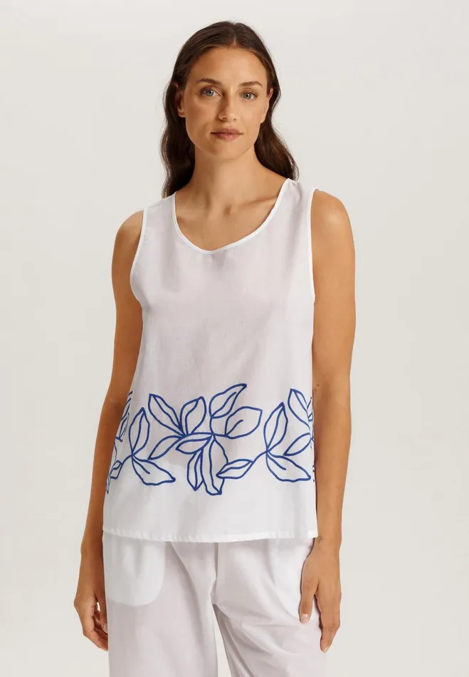 Embroidered Cotton Tank Top White Women HANRO Pajama Tops