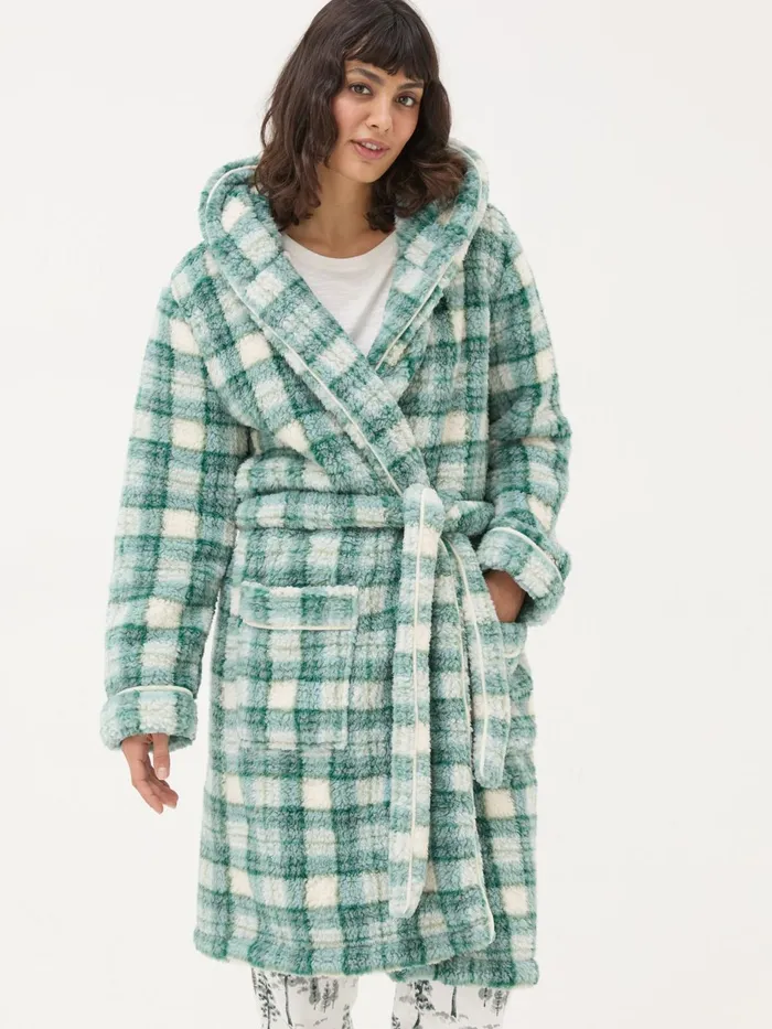 Fat Face Pyjamas and Nightwear Green Check Borg Dressing Gown 8211 Women