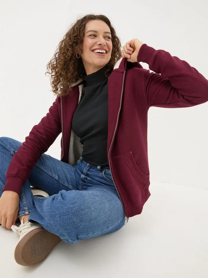 Fat Face Sweatshirts and Hoodies Amy Dark Red Textured Borg Lined Zip Through Hoodie 8211 Women