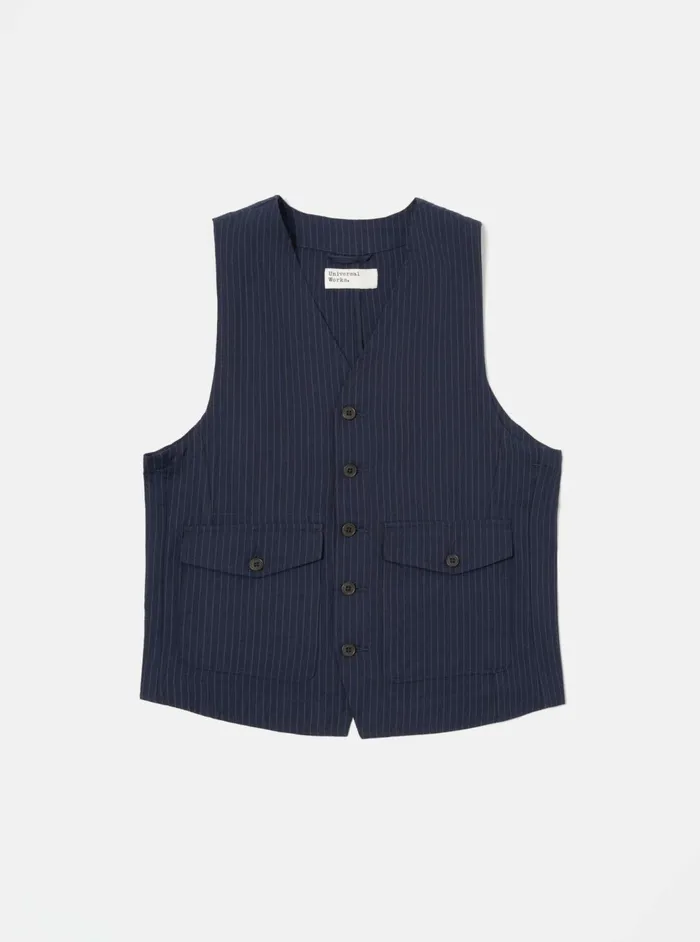 Field Waistcoat In Navy Cotton Pinstripe Men Universal Works Waistcoats and Gilets