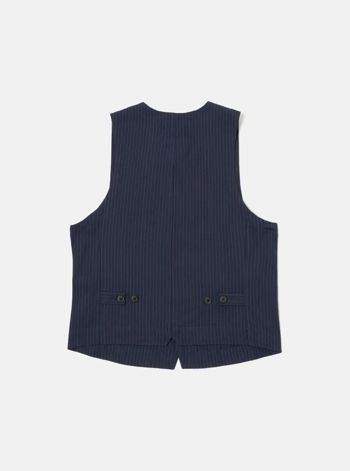 Field Waistcoat In Navy Cotton Pinstripe Men Universal Works Waistcoats and Gilets