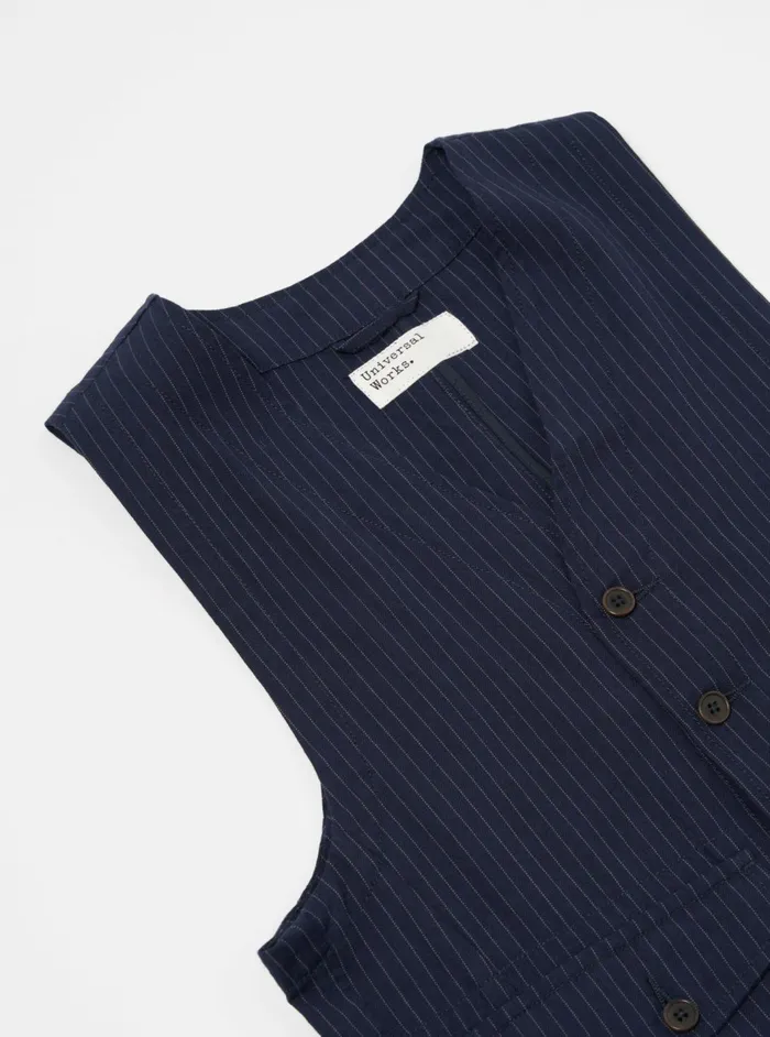 Field Waistcoat In Navy Cotton Pinstripe Men Universal Works Waistcoats and Gilets