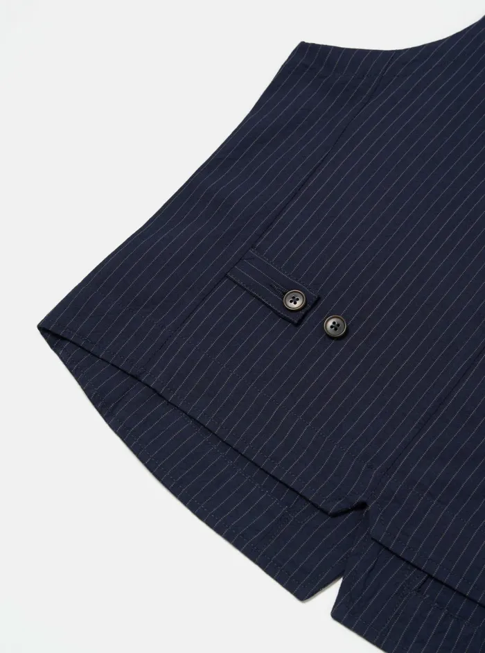 Field Waistcoat In Navy Cotton Pinstripe Men Universal Works Waistcoats and Gilets