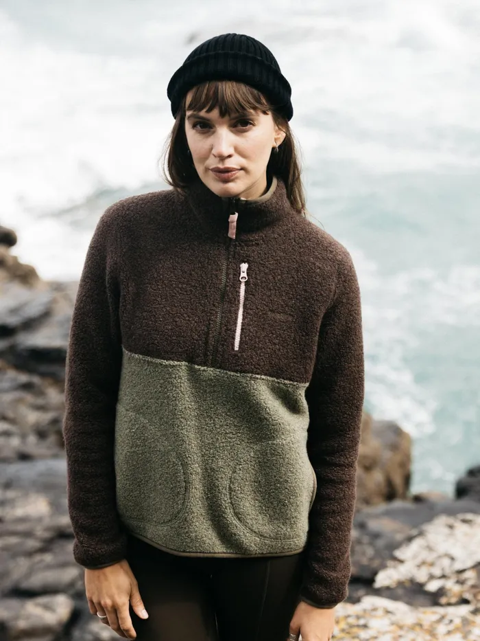 Finisterre Fleece Women Hegen 14 Zip Wool Fleece Willow Greenseal Brown