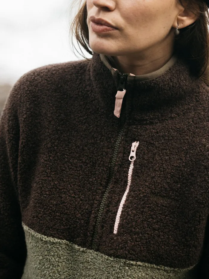 Finisterre Fleece Women Hegen 14 Zip Wool Fleece Willow Greenseal Brown