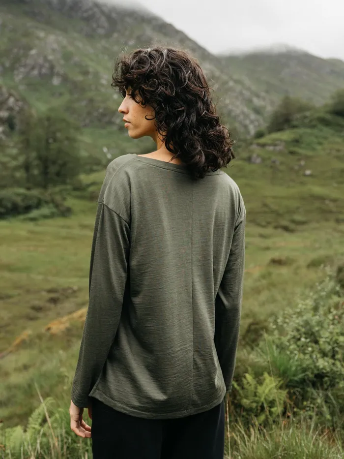 Finisterre Tops and TShirts Women Seeker Merino Long Sleeve TShirt Olive