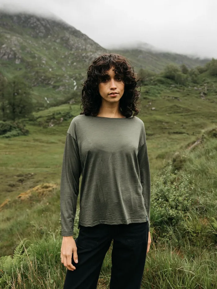 Finisterre Tops and TShirts Women Seeker Merino Long Sleeve TShirt Olive