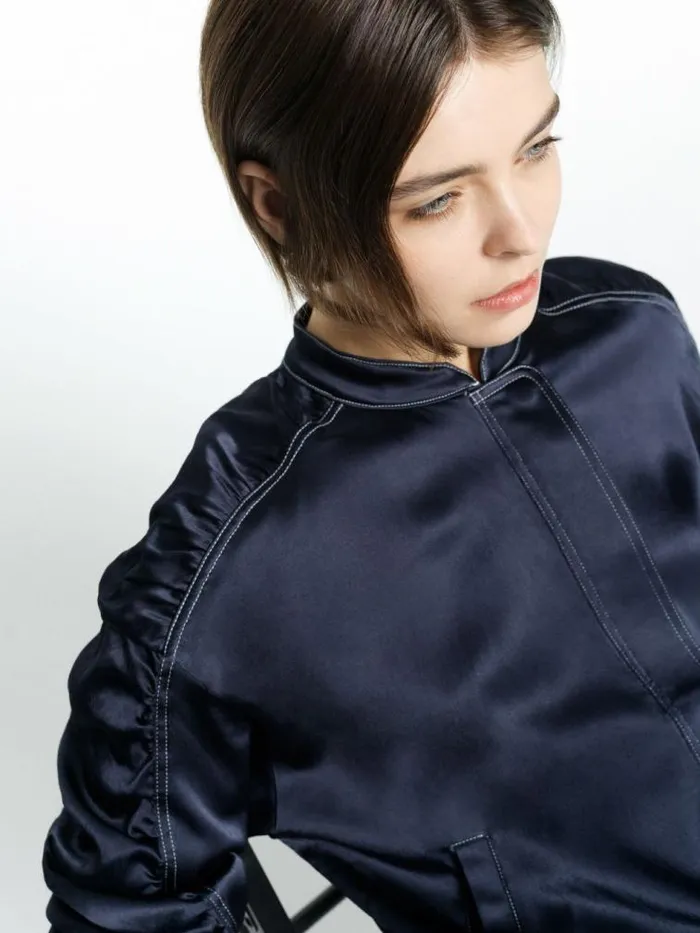 French Connection Akita Satin Bomber Jacket Navy Women Coats and Jackets