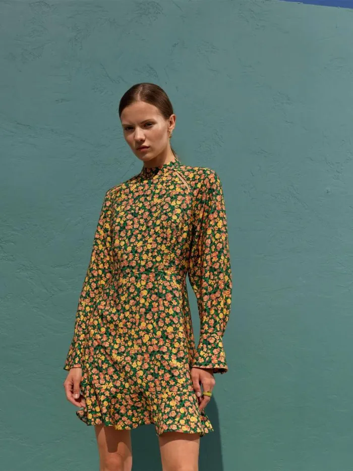 French Connection Aleezia Flavia Textured Mini Dress Forest Green Multi Women Dresses