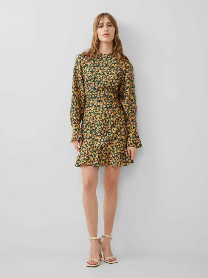 French Connection Aleezia Flavia Textured Mini Dress Forest Green Multi Women Dresses