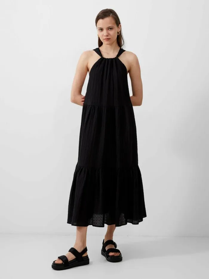French Connection Aleska Textured Midaxi Dress Black Women Dresses