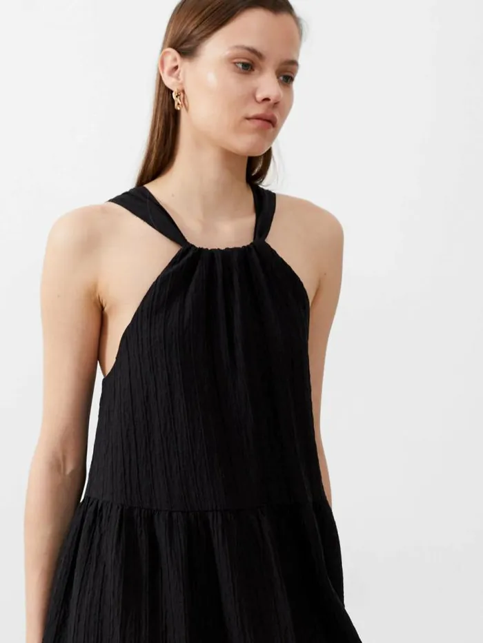 French Connection Aleska Textured Midaxi Dress Black Women Dresses