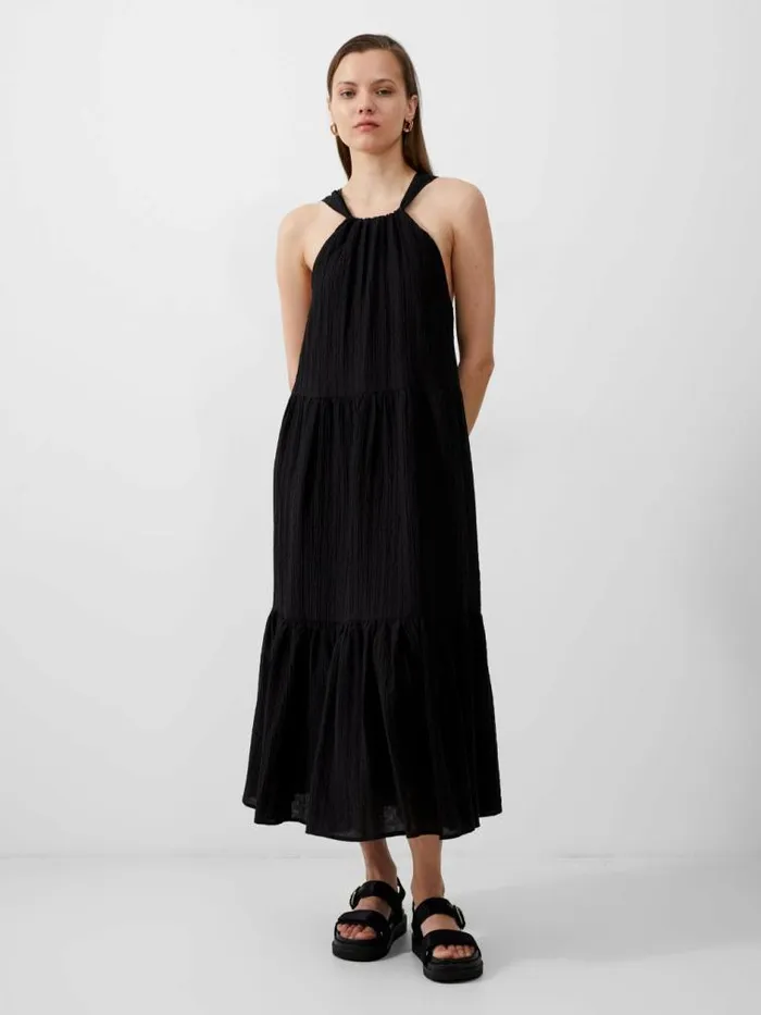 French Connection Aleska Textured Midaxi Dress Black Women Dresses