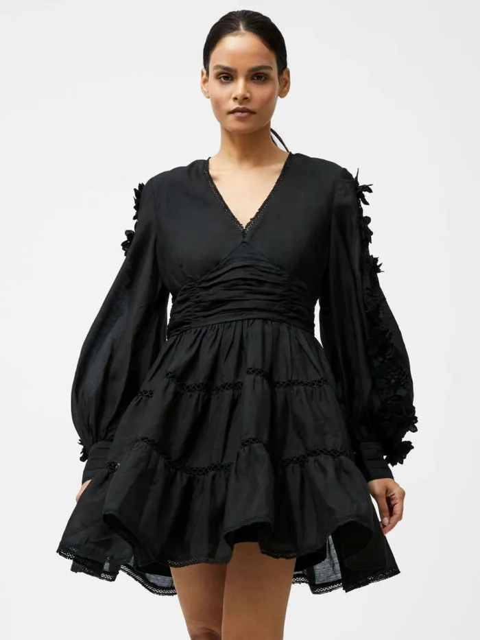 French Connection Aubrey 3D Lace Trim Mini Dress Black Women Dresses