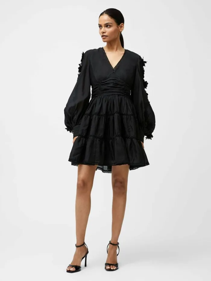 French Connection Aubrey 3D Lace Trim Mini Dress Black Women Dresses