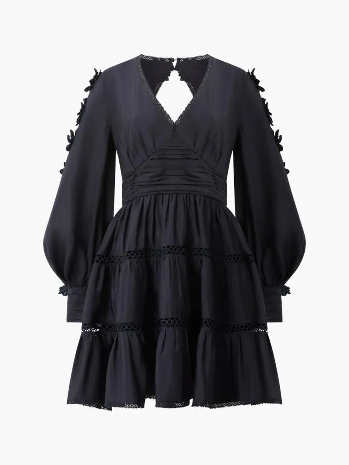 French Connection Aubrey 3D Lace Trim Mini Dress Black Women Dresses