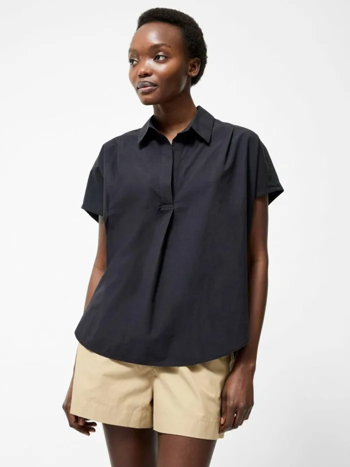 French Connection Broderie Back Short Sleeve Popover Shirt Black Women Tops