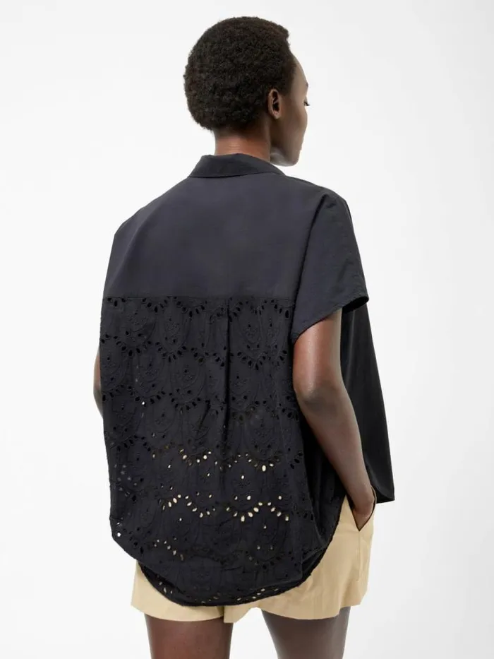 French Connection Broderie Back Short Sleeve Popover Shirt Black Women Tops