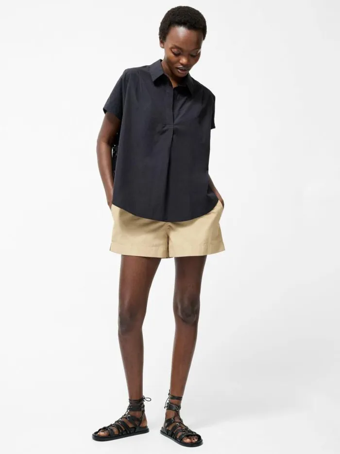 French Connection Broderie Back Short Sleeve Popover Shirt Black Women Tops