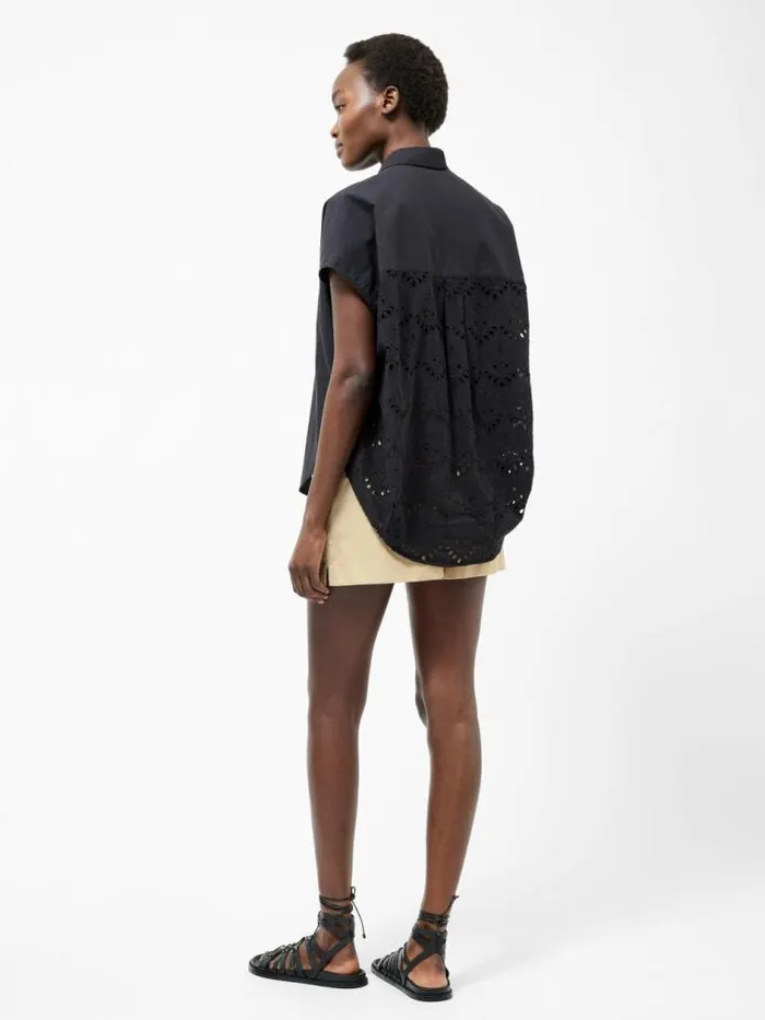 French Connection Broderie Back Short Sleeve Popover Shirt Black Women Tops