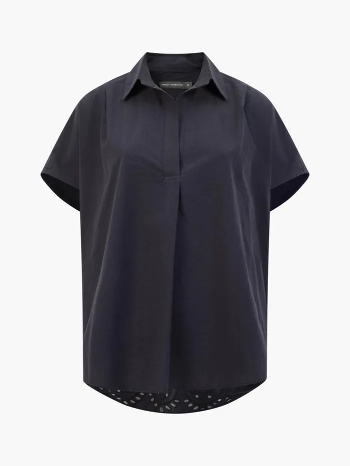 French Connection Broderie Back Short Sleeve Popover Shirt Black Women Tops