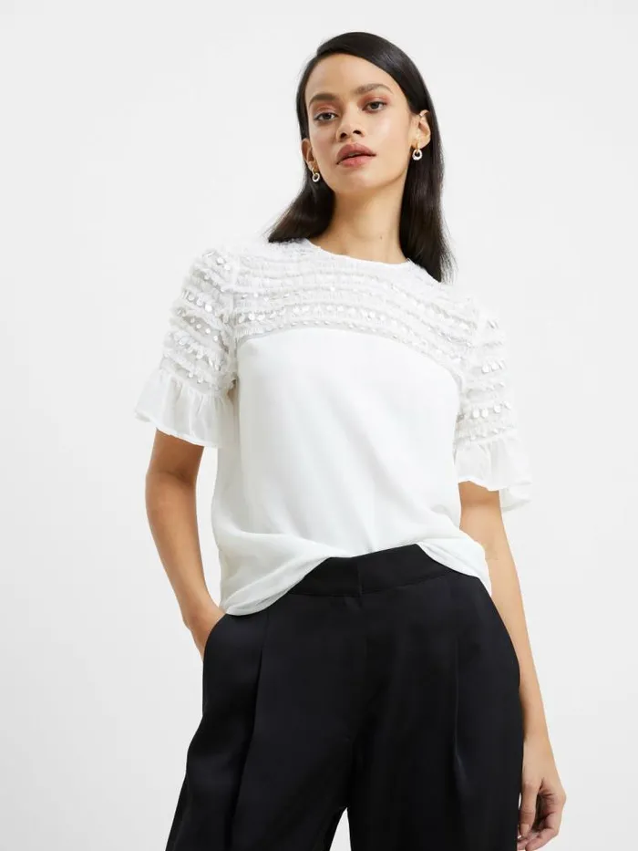 French Connection Carina Embellished Top Winter White Women Tops