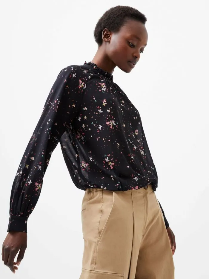 French Connection Carina Georgette Frill High Neck Top Blackout Multi Women Tops French Connection Carina Georgette Frill High Neck Top Blackout Multi Women Tops