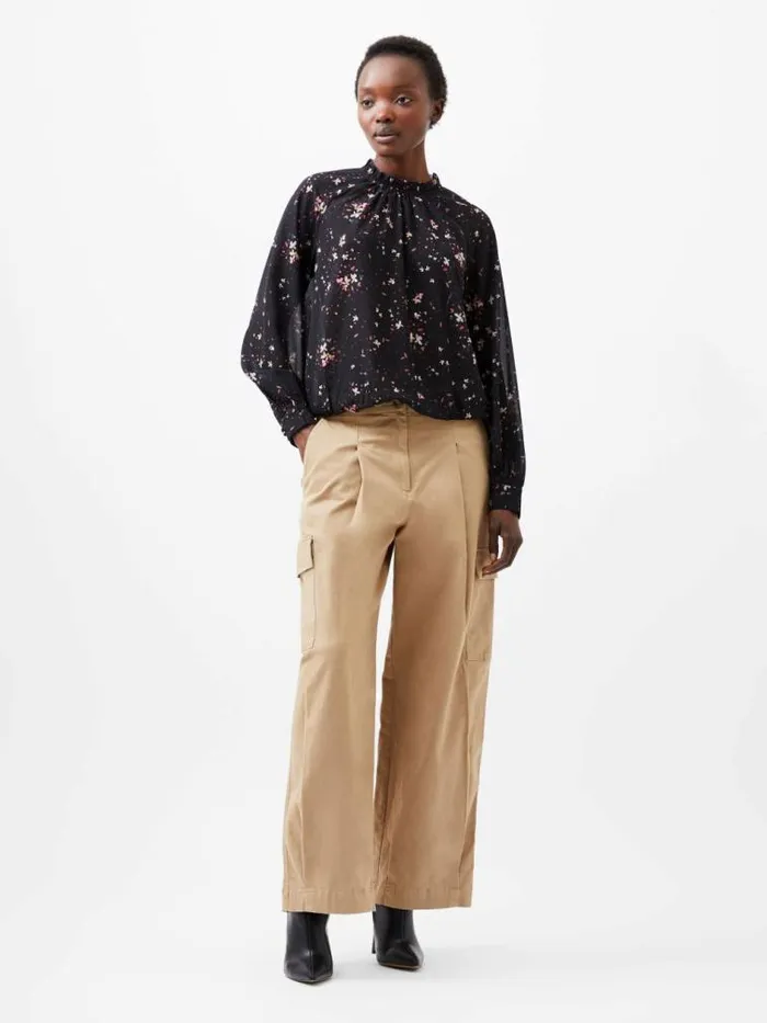 French Connection Carina Georgette Frill High Neck Top Blackout Multi Women Tops