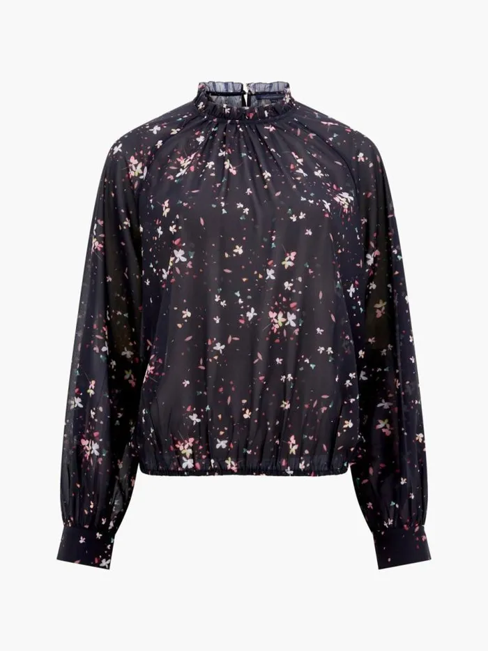 French Connection Carina Georgette Frill High Neck Top Blackout Multi Women Tops