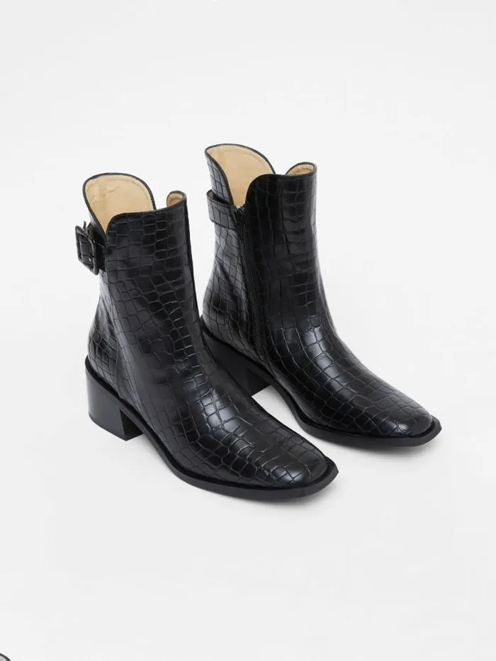 French Connection Connic Croc Ankle Boots Black Croc Women Shoes