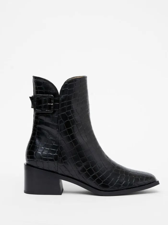 French Connection Connic Croc Ankle Boots Black Croc Women Shoes