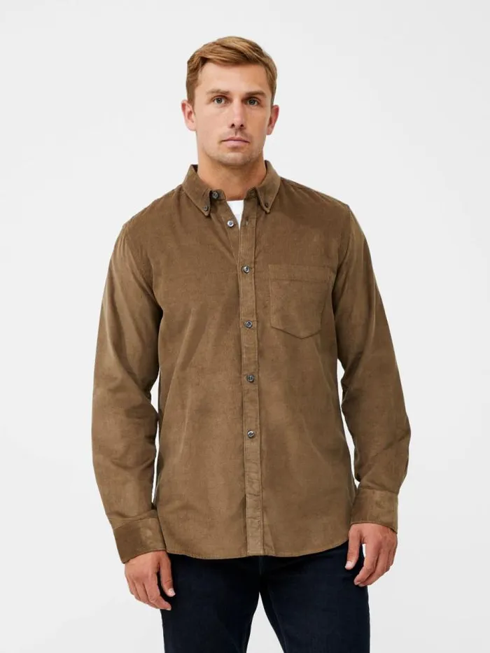 French Connection Cord Long Sleeve Oxford Shirt Khaki Men Shirts