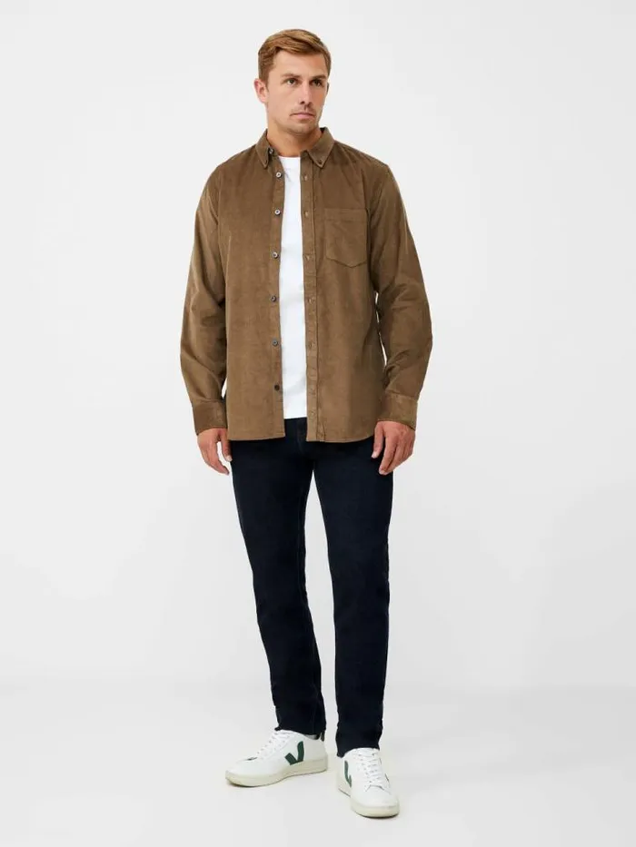 French Connection Cord Long Sleeve Oxford Shirt Khaki Men Shirts