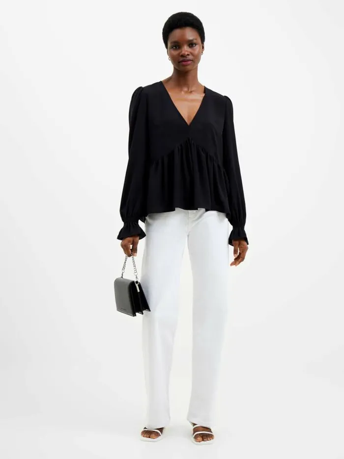 French Connection Crepe Light V Neck Top Black Women Tops